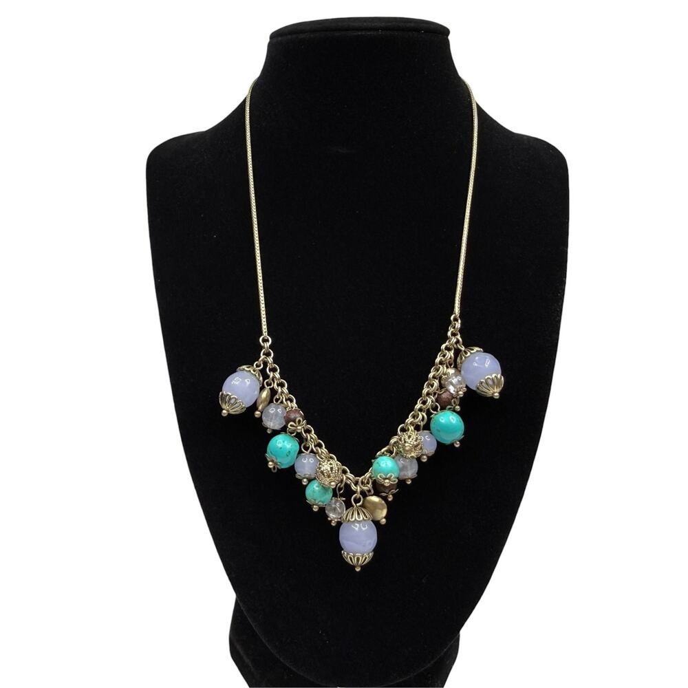 Chic Gold Tone Glass Beaded Dangle Charm Necklace Purple Teal Gray Statement 16"